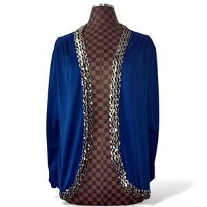 Vtg Gilberti Royal Blue Satin Cardigan Jacket Sequin Trim Size M/L Glam Disco
